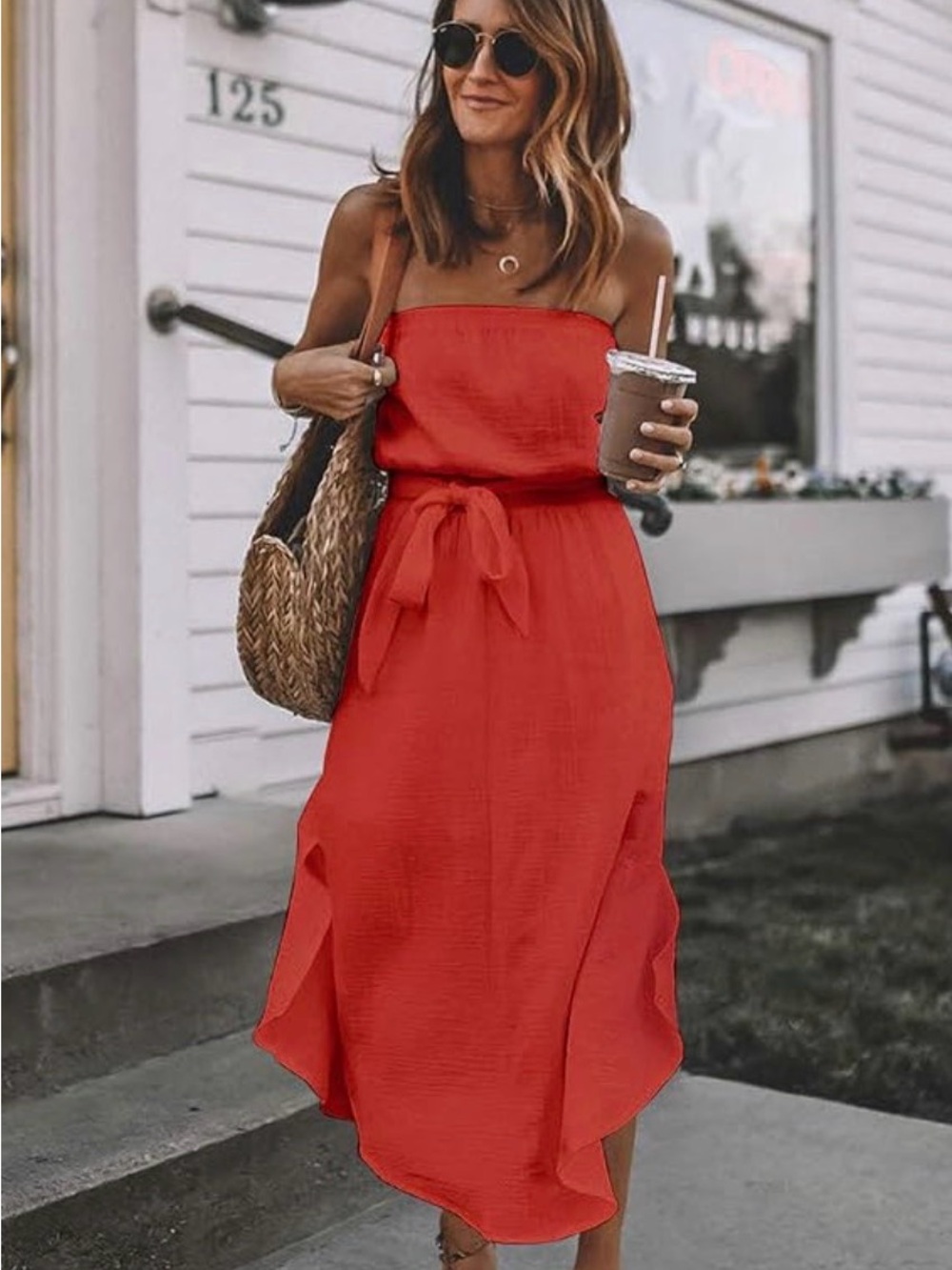 Strapless Red Midi Dress with Waist Tie